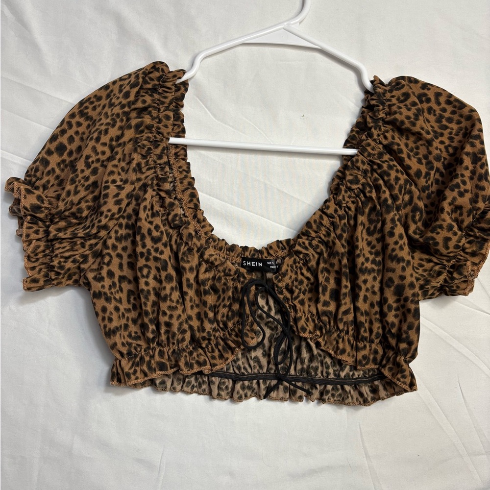 SHEIN Brown and Black Puff Sleeve Crop Blouse Cheetah print Size S